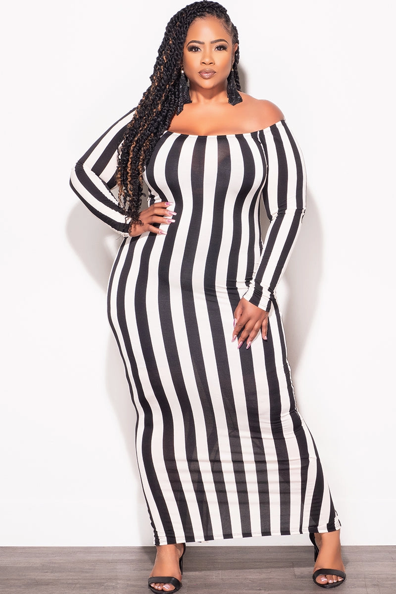 Final Sale Plus Size Off The Shoulder BodyCon Midi Dress in Black & Beige Stripes Outdoor Flex Elastic Cuff