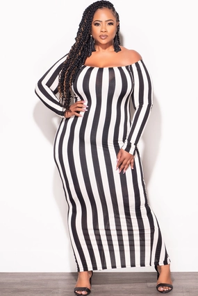 Final Sale Plus Size Off The Shoulder BodyCon Midi Dress in Black & Beige Stripes Outdoor Flex Elastic Cuff