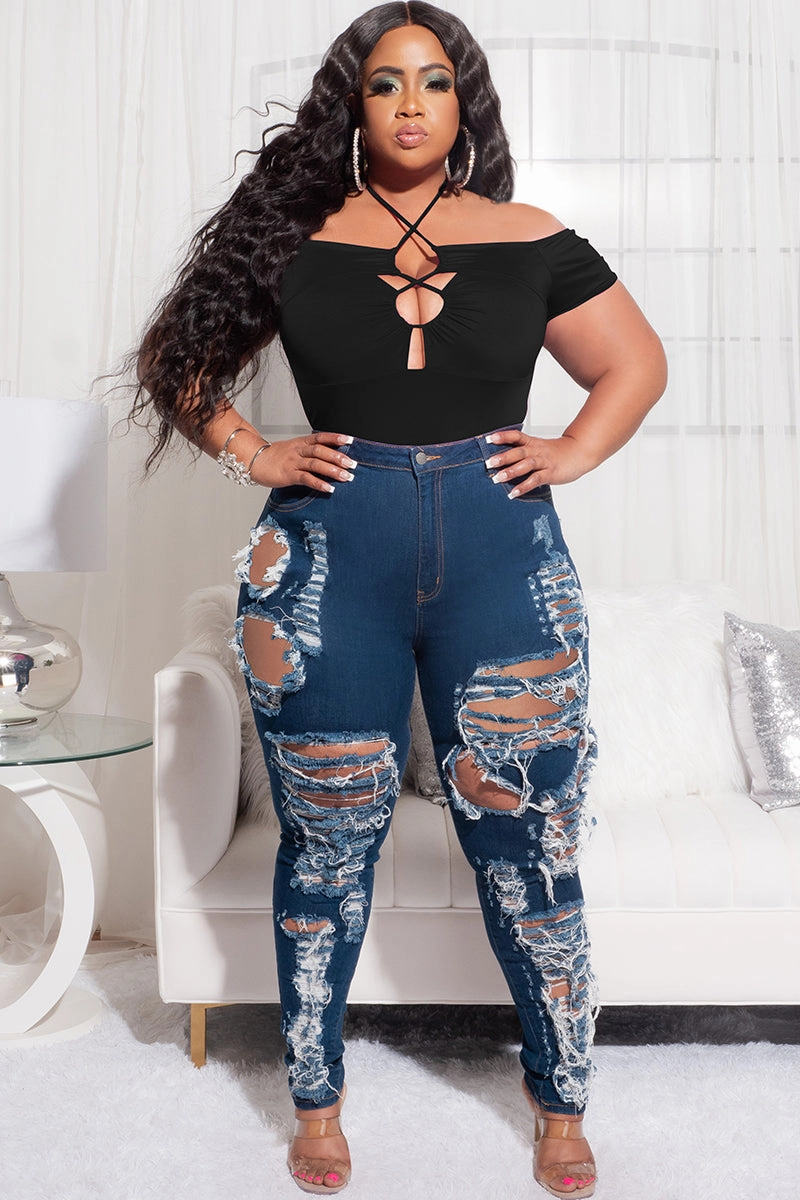 Final Sale Plus Size Off the Shoulder Bodysuit with Lace Up Front in Black Seamless Waistband