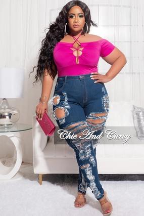 Slim Fit Design Final Sale Plus Size Off the Shoulder Bodysuit with Lace Up Front in Fuchsia