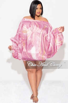 Minimalist Waist Final Sale Plus Size Off the Shoulder Bubble Dress/Tunic inPink & Gold Marble Print