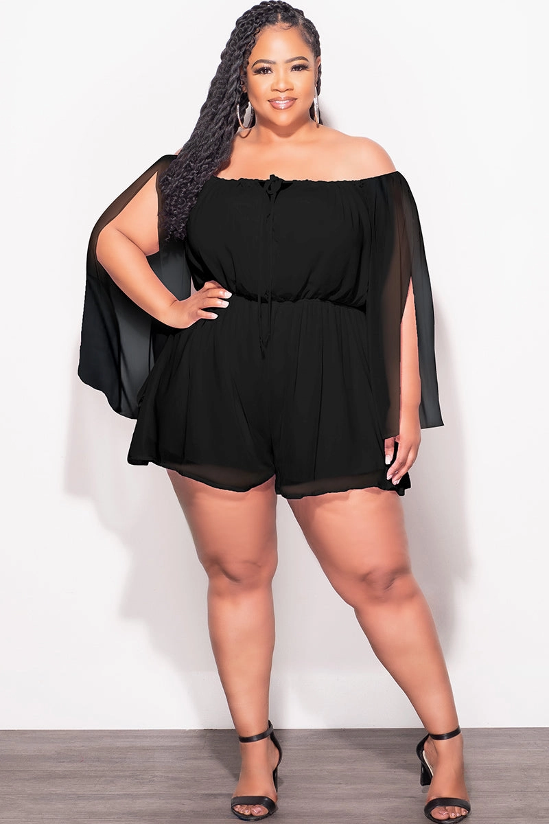 Final Sale Plus Size Off the Shoulder Chiffon Romper with Slit Sleeves in Black ElasticWaistband