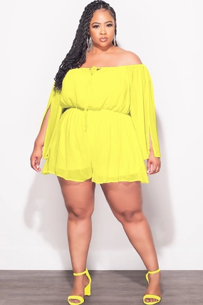 Final Sale Plus Size Off the Shoulder Chiffon Romper with Slit Sleeves in Yellow Puce Cold Weather Wear