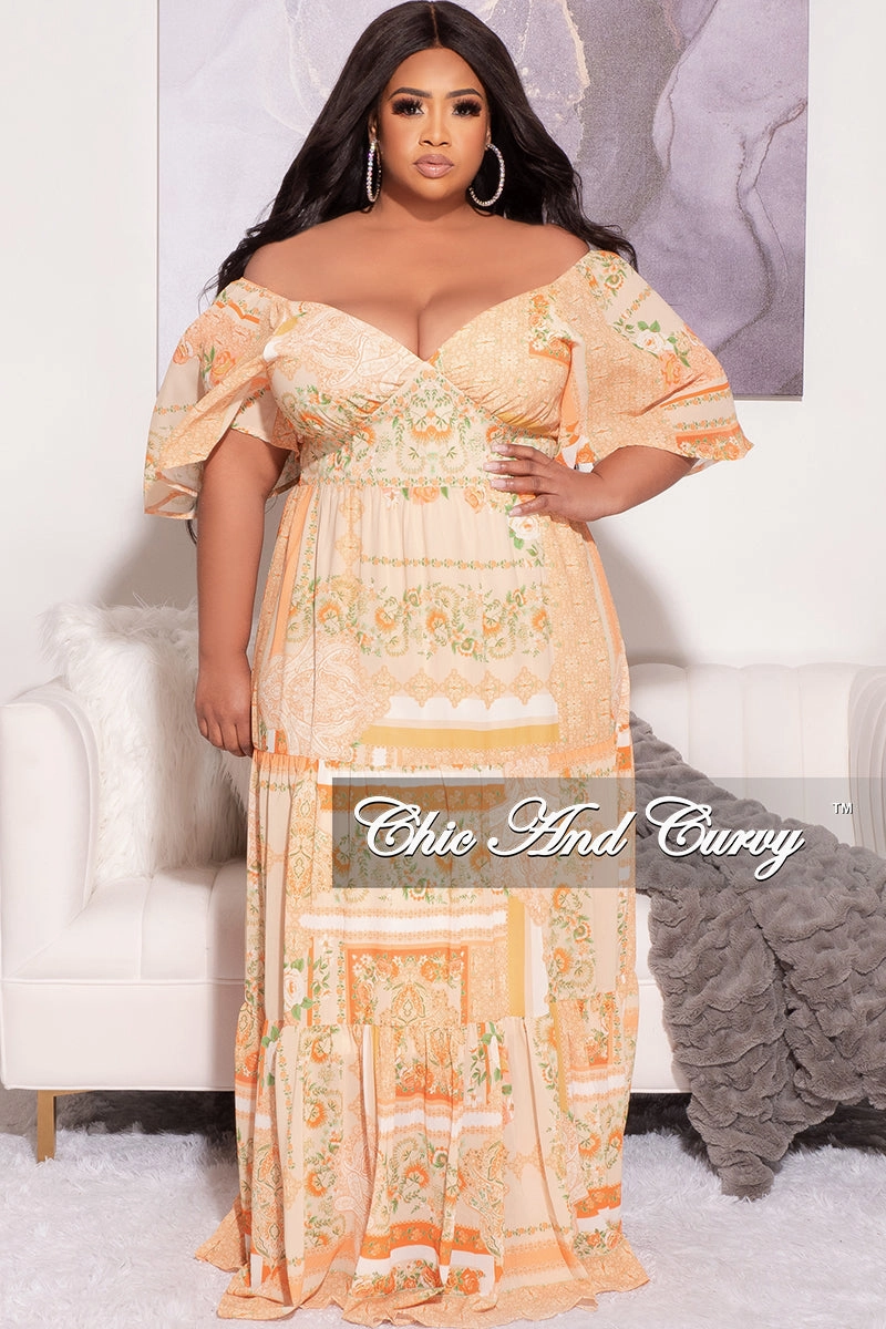 Final Sale Plus Size Off the Shoulder Deep V Maxi Dress in  Mustard Orange and Green Floral Print Flexible Design Flattering Comfort