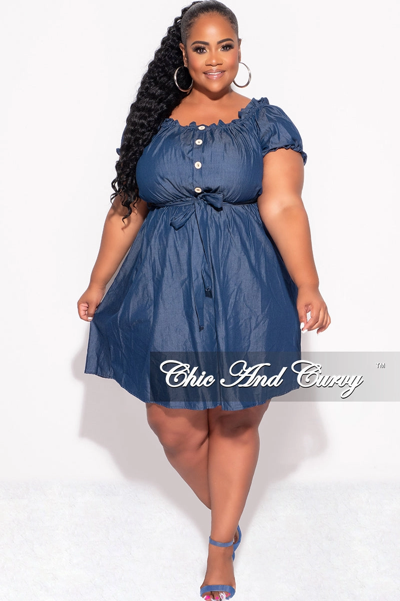 Final Sale Plus Size Off the Shoulder Dress with Tie in Chambray Heat Control Travel Friendly