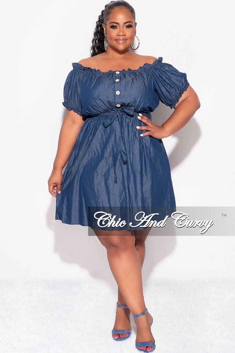 Final Sale Plus Size Off the Shoulder Dress with Tie in Chambray Flex Fit