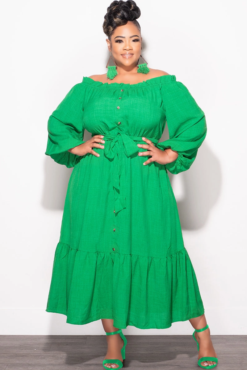 Quick Pack ThermalRegulation Final Sale Plus Size Off the Shoulder Dress with Tie in Green