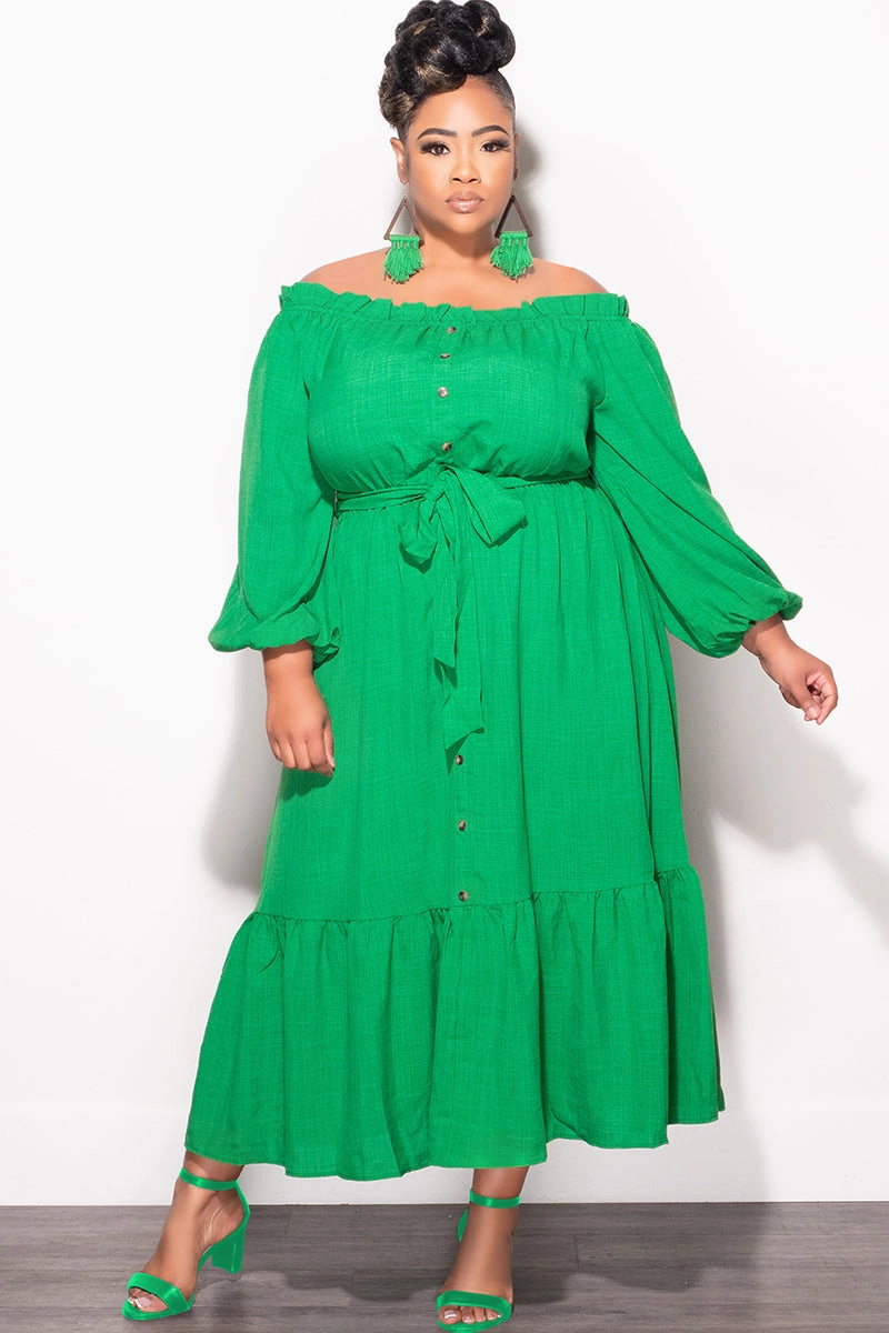 Modern Waist Windproof Design Final Sale Plus Size Off the Shoulder Dress with Tie in Green