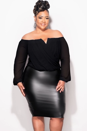 Final Sale Plus Size Off The Shoulder Faux Wrap Draping Top in Black Hypoallergenic fabric MoistureWickingFabric