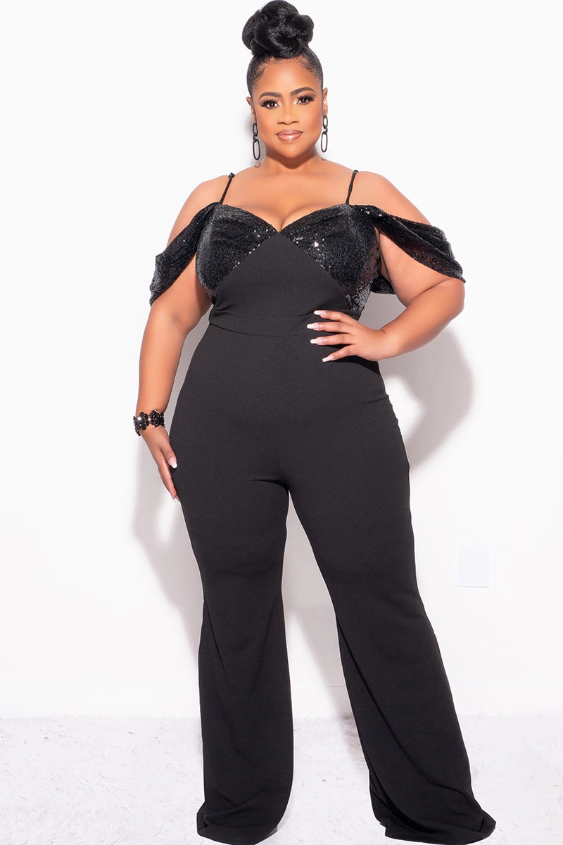 Low Profile Collar Final Sale Plus Size Off The Shoulder Faux Wrap Sequin Jumpsuit Black