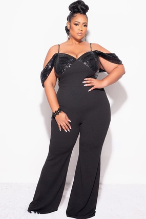 Final Sale Plus Size Off The Shoulder Faux Wrap Sequin Jumpsuit Black VNeck Style Layered Neckline