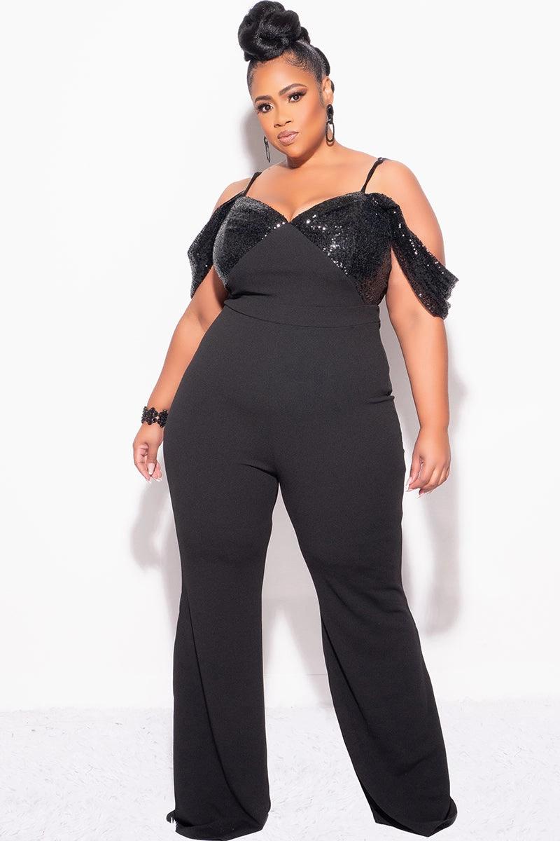 Final Sale Plus Size Off The Shoulder Faux Wrap Sequin Jumpsuit Black StretchFit AdaptiveFitFabric