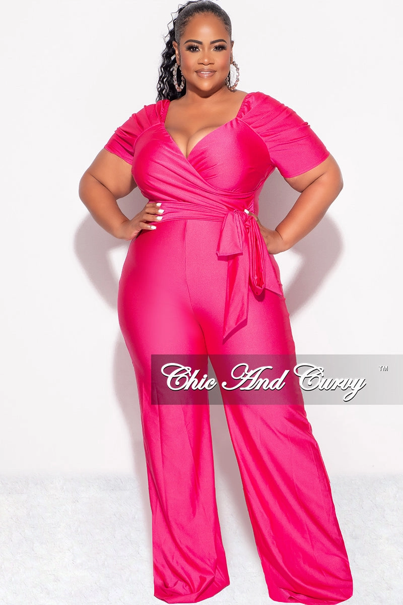 Final Sale Plus Size Off the Shoulder Faux Wrap Shiny Jumpsuit In Pink SustainableBlend Quick Dry Tech