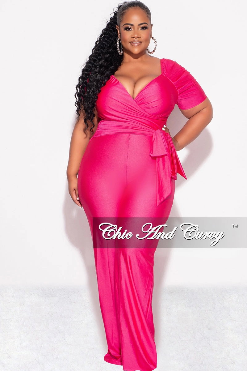 Reinforced Seam Technique Final Sale Plus Size Off the Shoulder Faux Wrap Shiny Jumpsuit In Pink