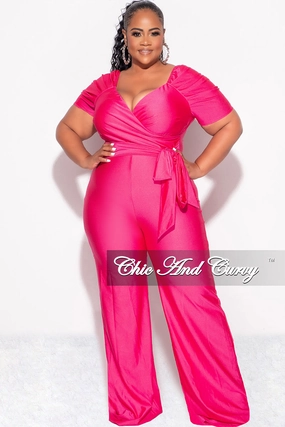 Final Sale Plus Size Off the Shoulder Faux Wrap Shiny Jumpsuit In Pink SustainableBlend Quick Dry Tech