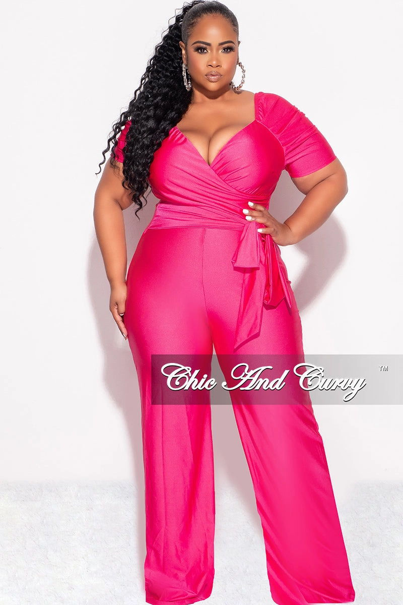 Final Sale Plus Size Off the Shoulder Faux Wrap Shiny Jumpsuit In Pink EcoFriendly Material MinimalistCut