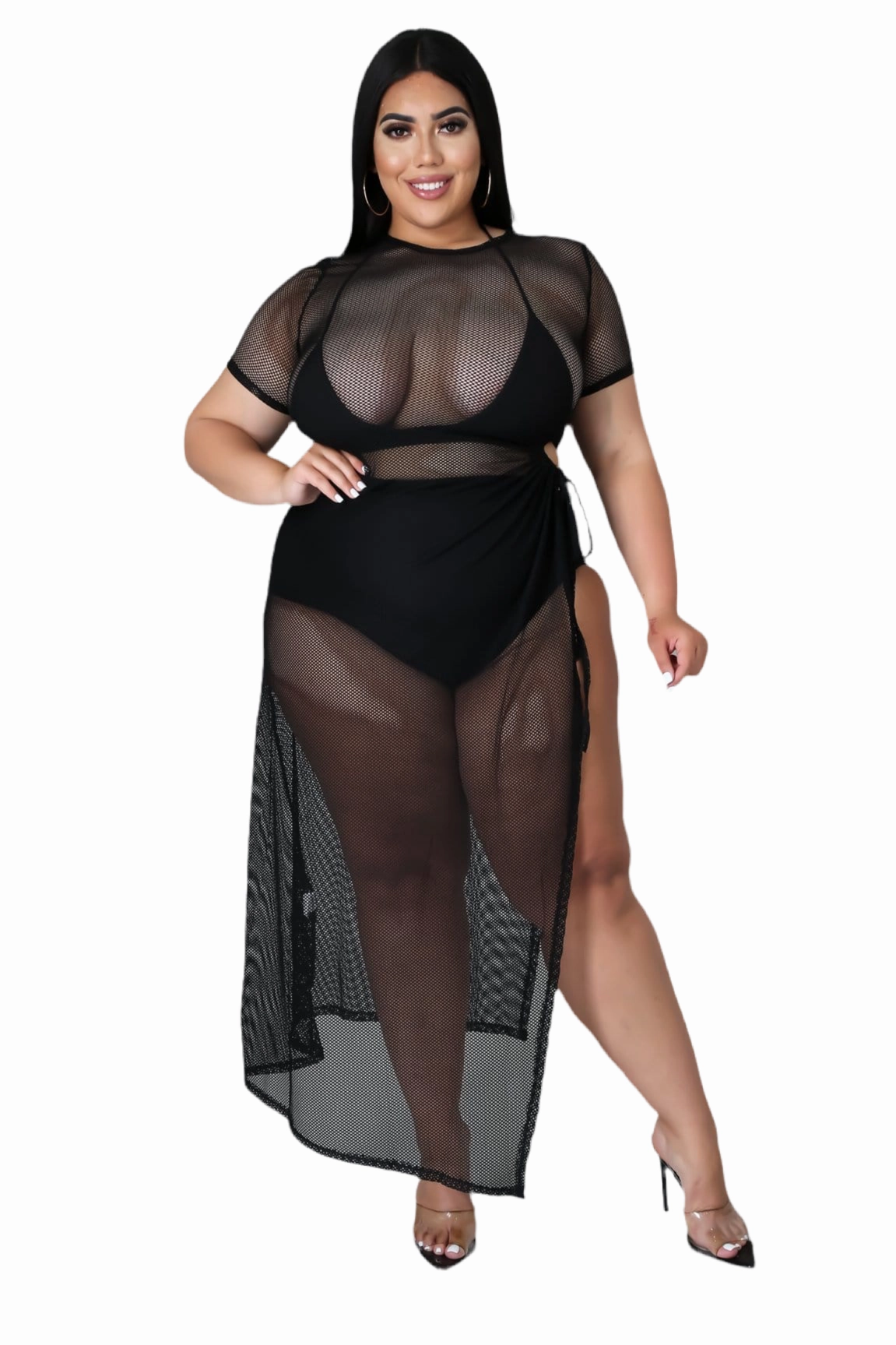 Day Hike Outdoor activities Final Sale Plus Size Off the Shoulder Fishnet Dress with Side Slit in Black