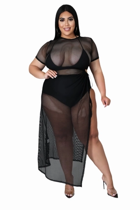 Day Hike Outdoor activities Final Sale Plus Size Off the Shoulder Fishnet Dress with Side Slit in Black