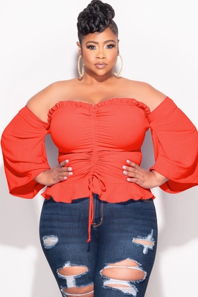 Final Sale Plus Size Off the Shoulder Frill Top with Middle Drawstring in Orange BreathableMaterial Sporty Vibe