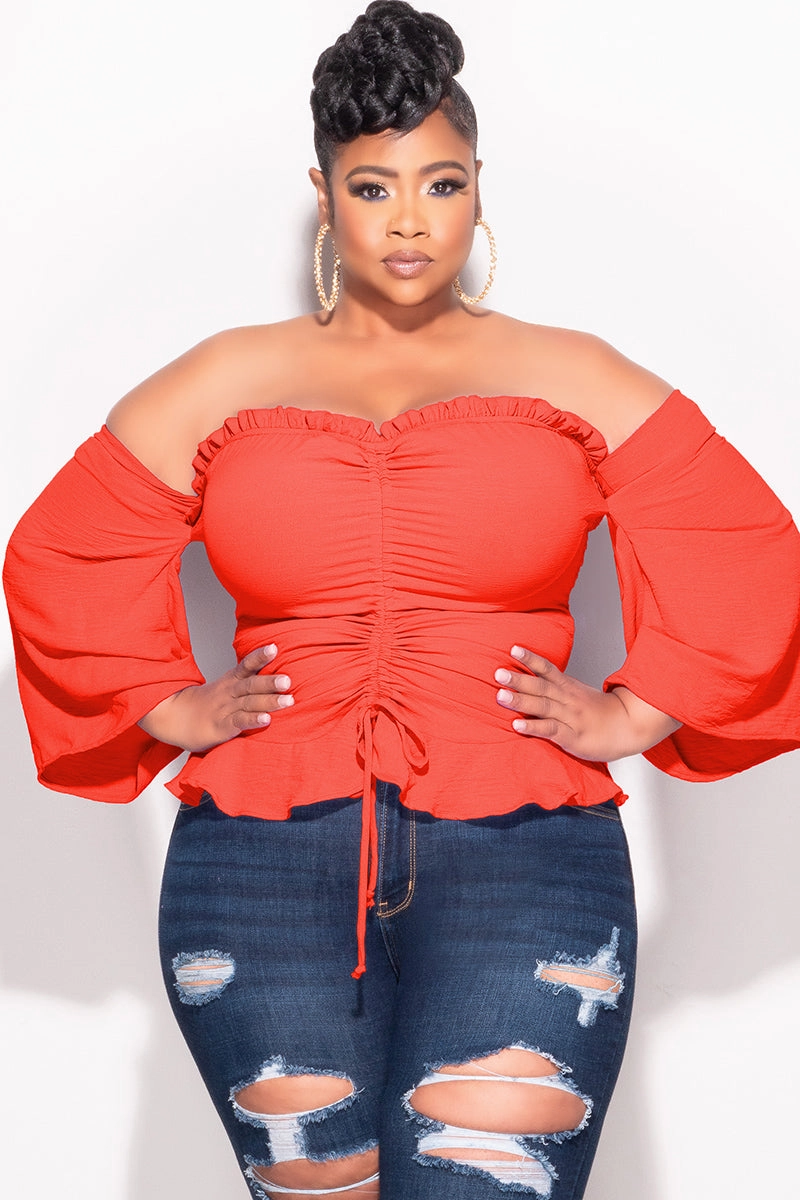 Final Sale Plus Size Off the Shoulder Frill Top with Middle Drawstring in Orange BreathableMaterial Sporty Vibe