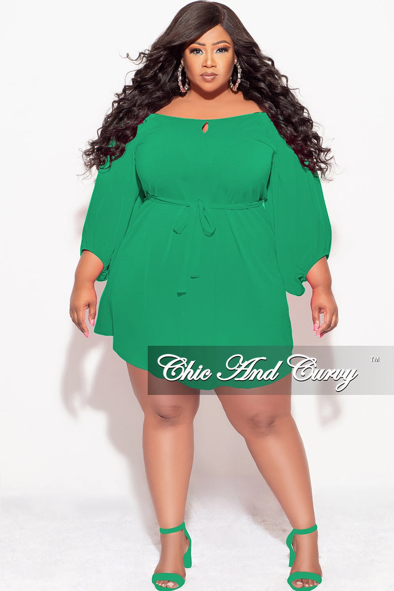 Final Sale Plus Size Off the Shoulder Front Keyhole Mini Dress with Tie in Green Breathable Waistband Back pockets
