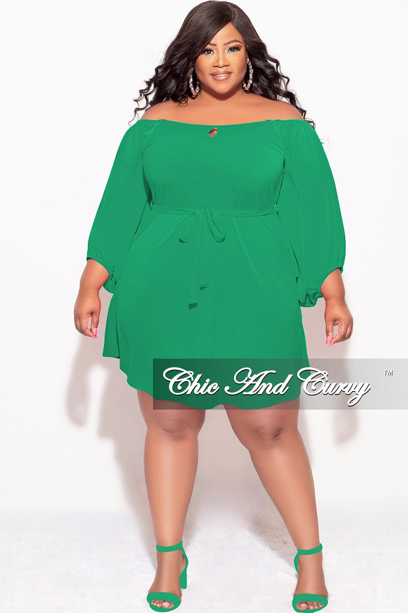 Relaxed Comfort Look Comfy Shape Final Sale Plus Size Off the Shoulder Front Keyhole Mini Dress with Tie in Green