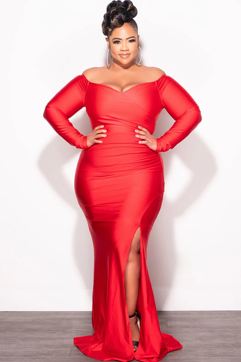 UV Protection Fitted Design Final Sale Plus Size Off the Shoulder Gown with Slide Slit in Red