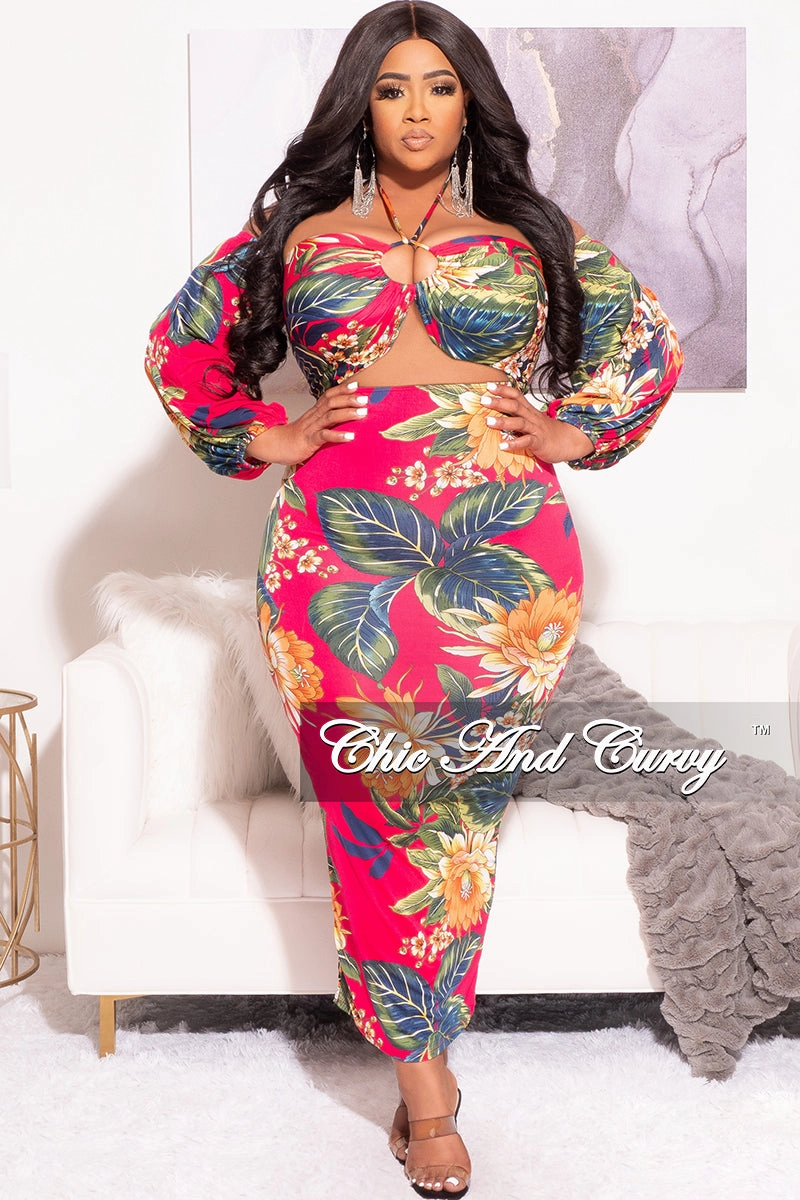 Final Sale Plus Size Off The Shoulder Halter Bodycon with Front Cutout in Fuchsia Floral  Print Fashion-Forward StretchMaterial