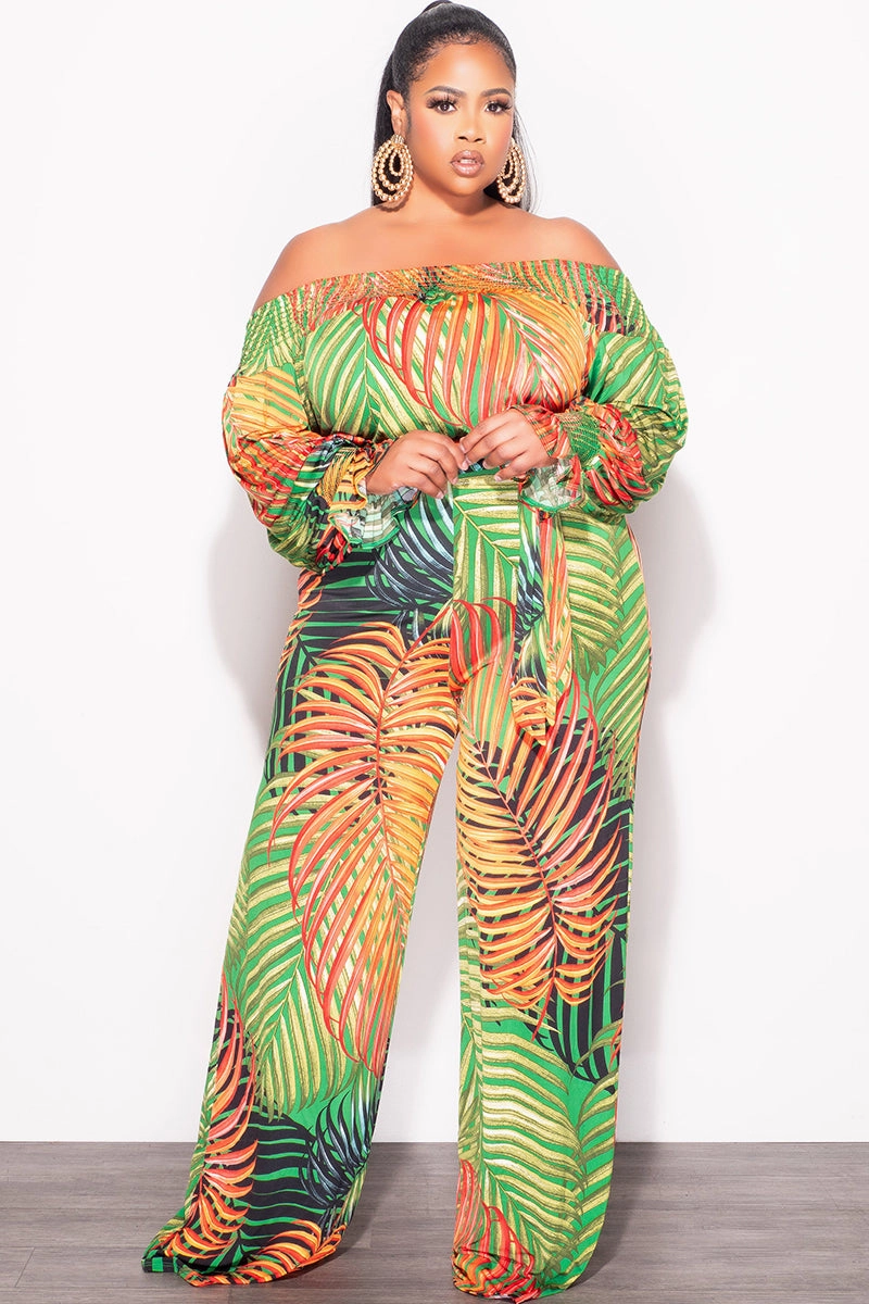 Quick Slip Final Sale Plus Size Off The Shoulder Jumpsuit with Waist Tie in Tropical Print
