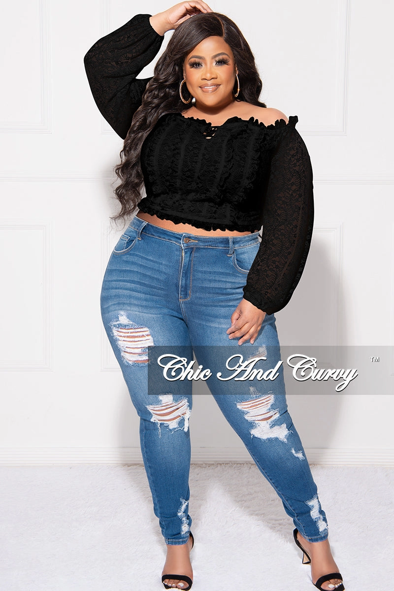 Hidden Zip Pockets Anti Pilling Surface Final Sale Plus Size Off The Shoulder Lace Top in Black