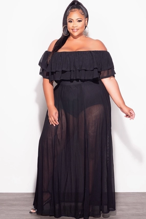 Final Sale Plus Size Off the Shoulder Mesh Ruffle Bodysuit Dress with Double Slits in Black Workwear Layered Panel Design