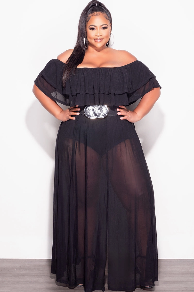 Final Sale Plus Size Off the Shoulder Mesh Ruffle Bodysuit Dress with Double Slits in Black Relaxed Style Bonded Seam Technology