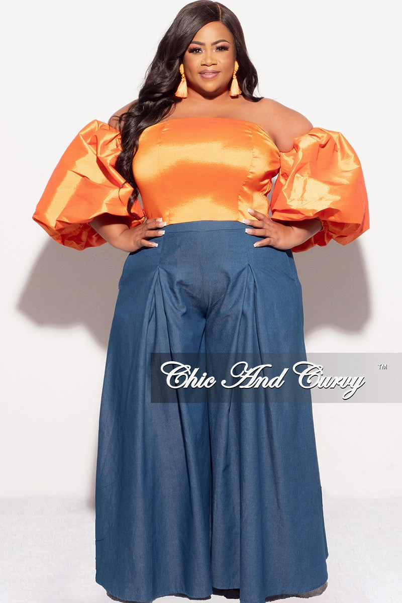 Final Sale Plus Size Off the Shoulder Puffy Sleeve Crop Top in Orange LightweightConstruction Agile Fit