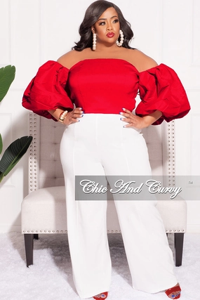 Final Sale Plus Size Off the Shoulder Puffy Sleeve Crop Top in Red Clean Cut