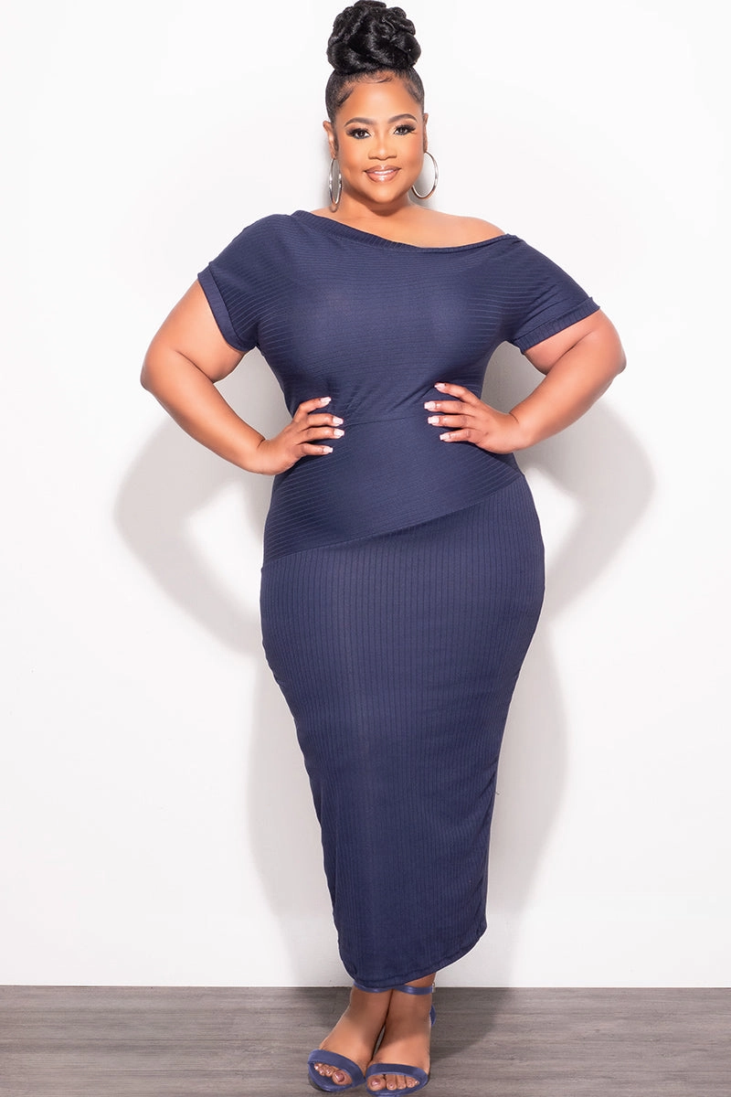 Final Sale Plus Size Off The Shoulder Ribbed Midi Dress in Navy Street Active