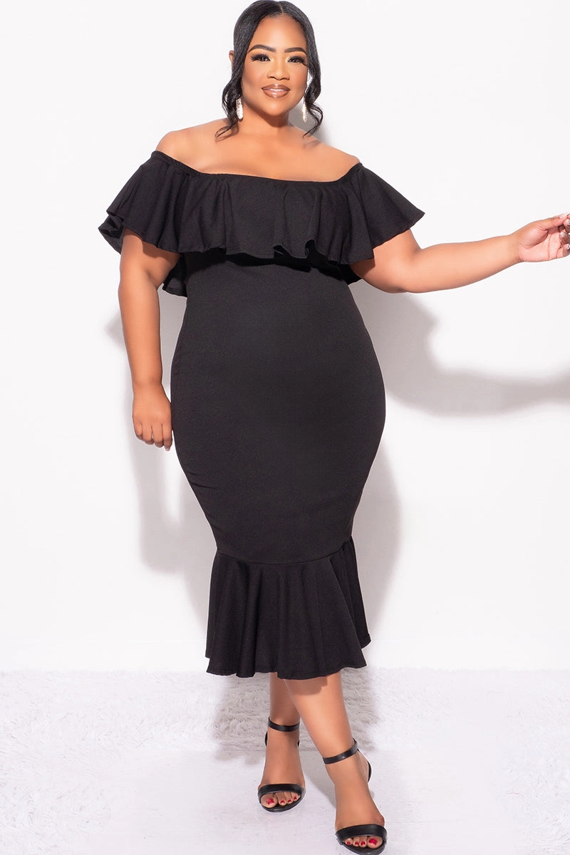MultiDirectionalStretch Final Sale Plus Size Off the Shoulder Ruffle Dress in Black