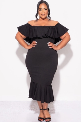 Final Sale Plus Size Off the Shoulder Ruffle Dress in Black Stay Cool Technology