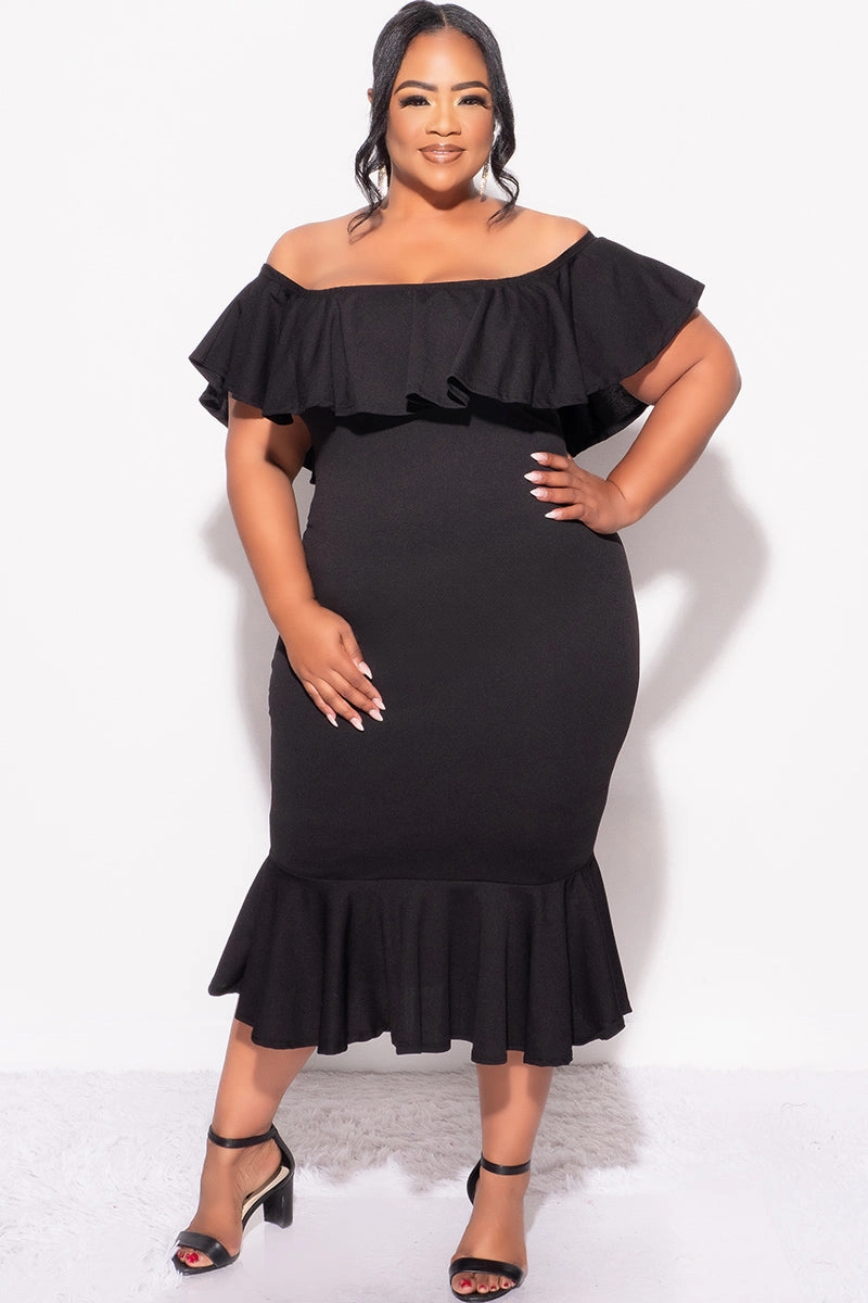 Curved Hem Final Sale Plus Size Off the Shoulder Ruffle Dress in Black