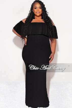 Everyday Comfort Wear Layer Comfort Final Sale Plus Size Off the Shoulder Ruffle Overlay Maxi Gown in Black