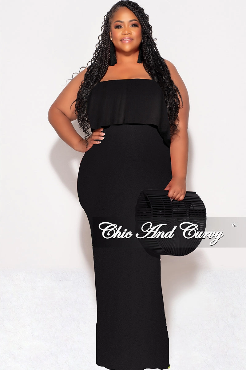 Embroidered Detail Final Sale Plus Size Off the Shoulder Ruffle Overlay Maxi Gown in Black