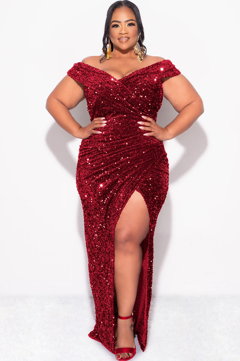 Final Sale Plus Size Off The Shoulder Sequin & Velvet Ruched Gown with Front Slit in Burgundy anti static coating wrinkle free finish