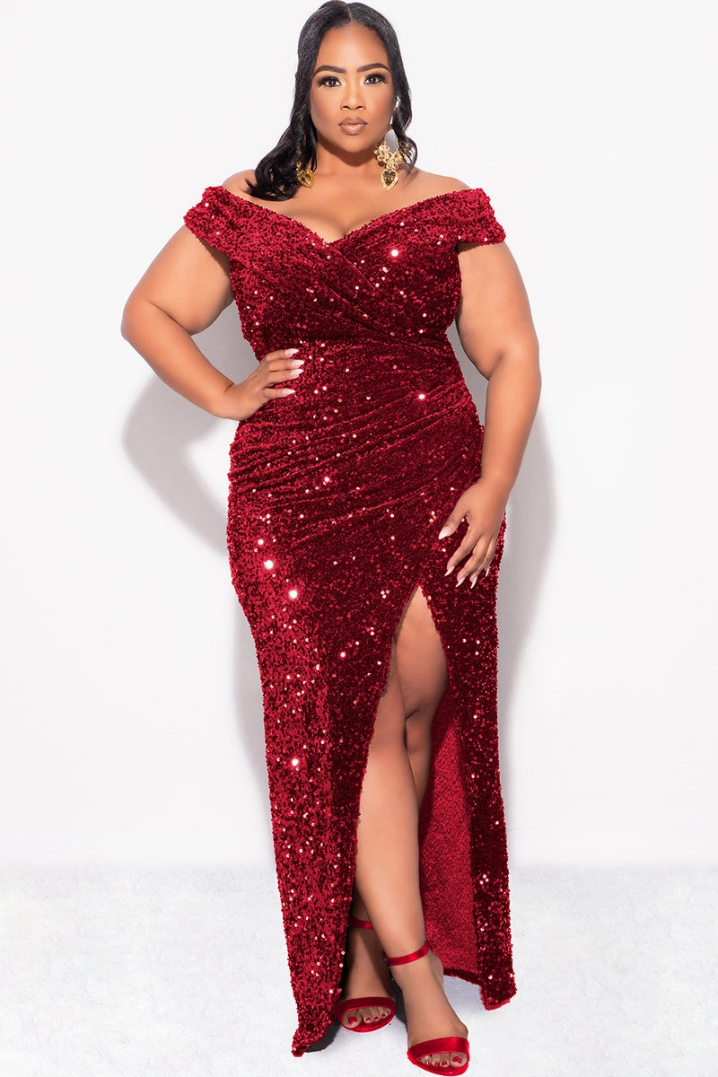 Soft Wool Final Sale Plus Size Off The Shoulder Sequin & Velvet Ruched Gown with Front Slit in Burgundy