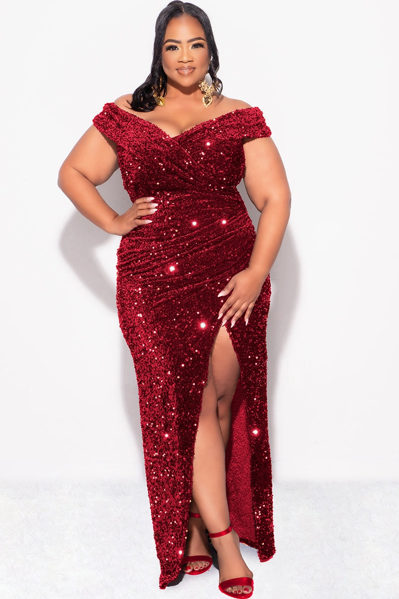 Final Sale Plus Size Off The Shoulder Sequin & Velvet Ruched Gown with Front Slit in Burgundy StainRepellentCoating