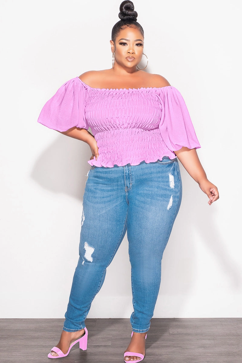 Practical Look Final Sale Plus Size Off the Shoulder Smocked Top in Lavender