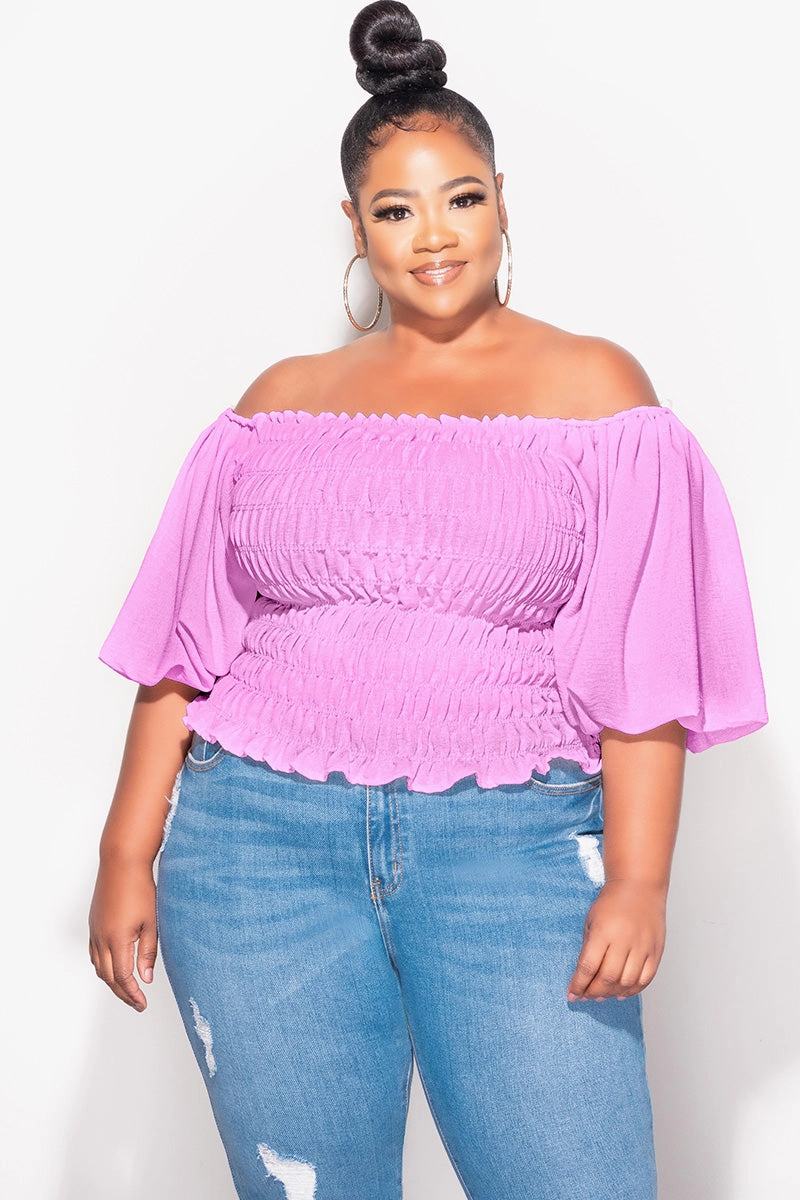Rubberized Hem Supportive Fit Final Sale Plus Size Off the Shoulder Smocked Top in Lavender