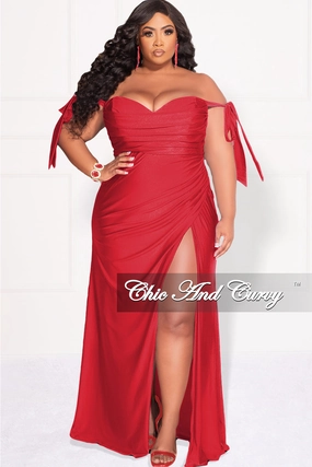Final Sale Plus Size Off the Shoulder Tie Gown Dress in Red DualLayer Weave EasyCare Fabric