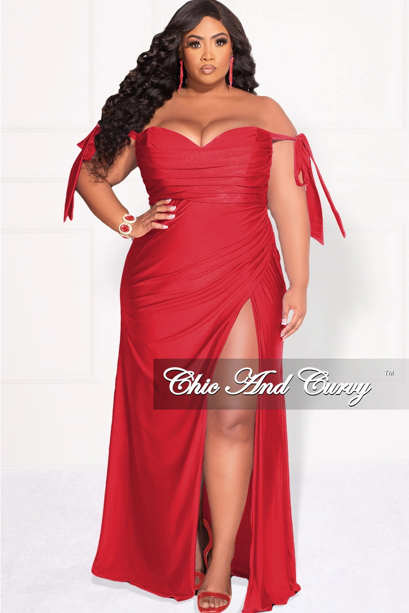 Final Sale Plus Size Off the Shoulder Tie Gown Dress in Red DualLayer Weave EasyCare Fabric