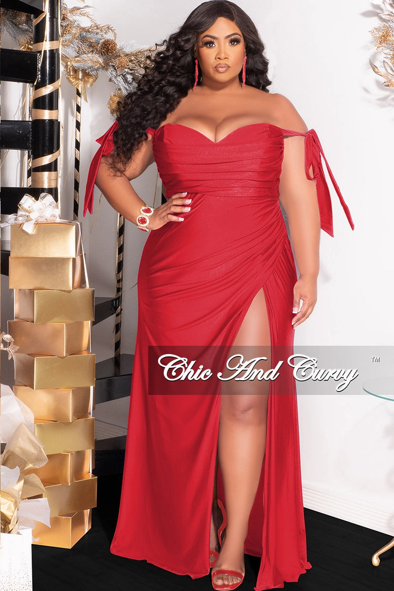 Chic Sweater HygienicCoating Final Sale Plus Size Off the Shoulder Tie Gown Dress in Red