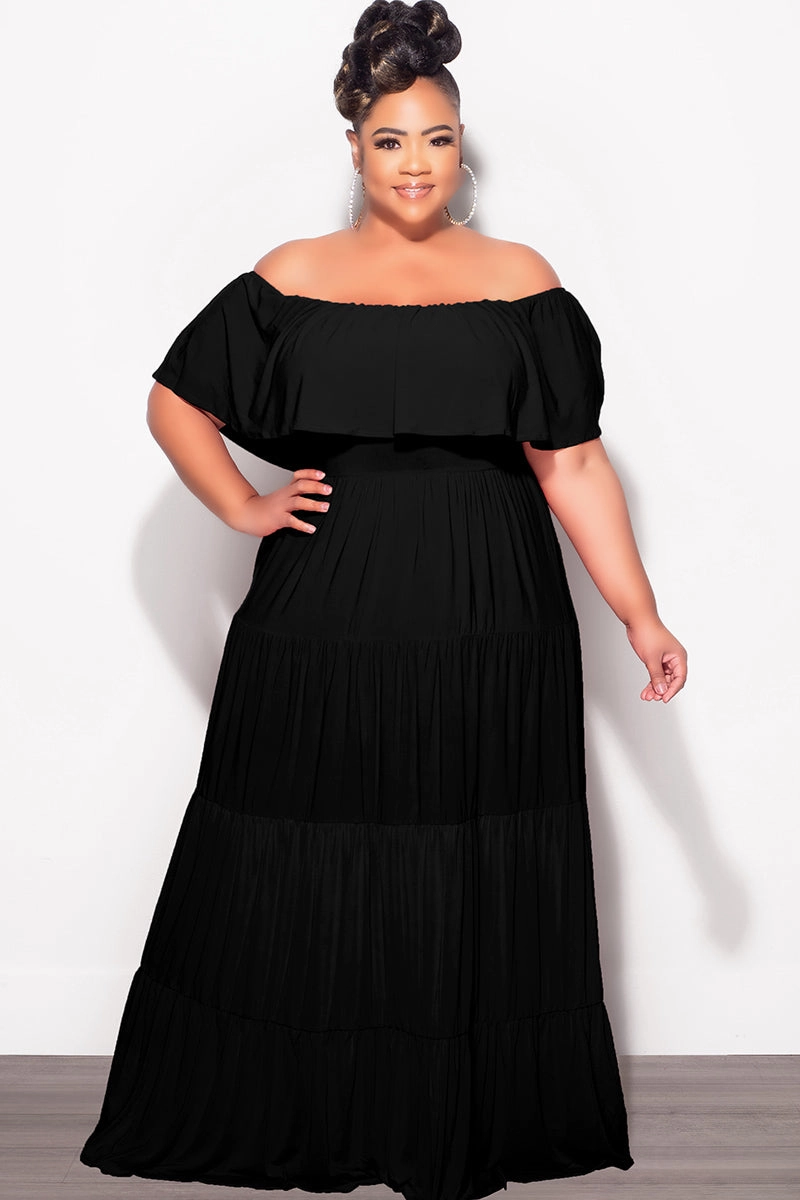 Essential Comfort Wear Final Sale Plus Size Off The Shoulder Tiered Maxi Dress in Black