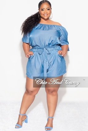 Anti Friction Lining elastic waistband Final Sale Plus Size Off The Shoulder Top in Chambray (Top Only)